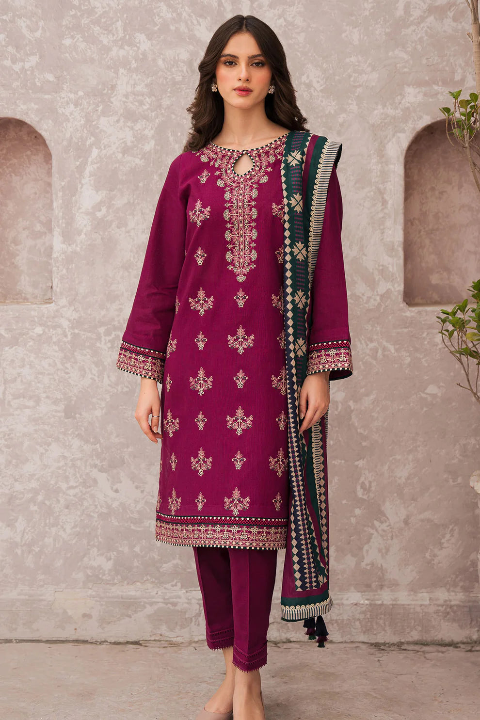 JAZMIN-3PC DHANAK EMBROIDERED SHIRT WITH WOOL PRINTED SHAWL AND TROUSER-W.J-5005