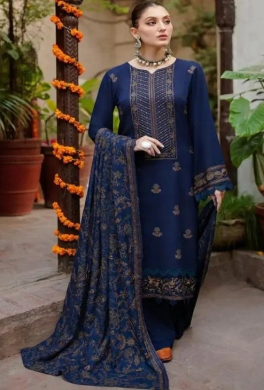 BAREEZE - 3PC DHANAK EMBROIDERED SHIRT WITH DHANAK EMBROIDERED SHAWL AND TROUSER -W.J-1781