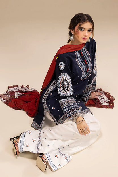 JAZMIN-3PC DHANAK EMBROIDERED SHIRT WITH CORTRAI WOOL PRINTED SHAWL AND EMB TROUSER-W.J-1789