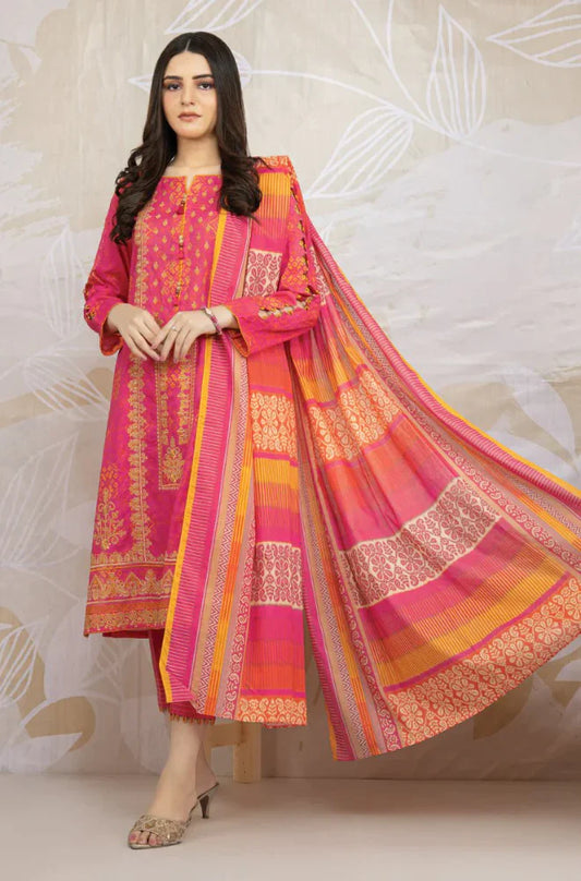 EDENROBE-3PC KHADDAR PRINTED EMB SHIRT WITH KHADDAR PRINT DUPATTA AND PRINT TROUSER-W.J-1258