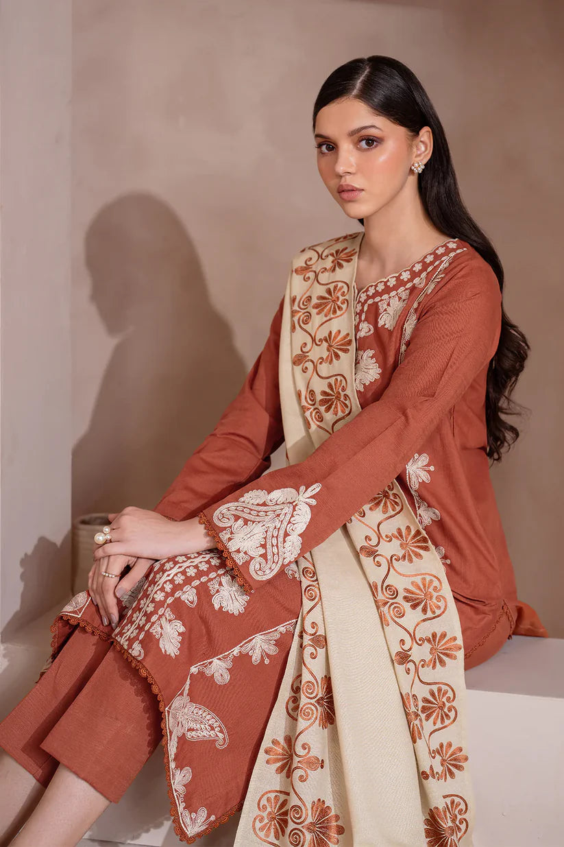 IZNIK-3PC DHANAK EMBROIDERED SHIRT WITH DHANAK EMBROIDERED SHAWL & TROUSER-W.J-1325