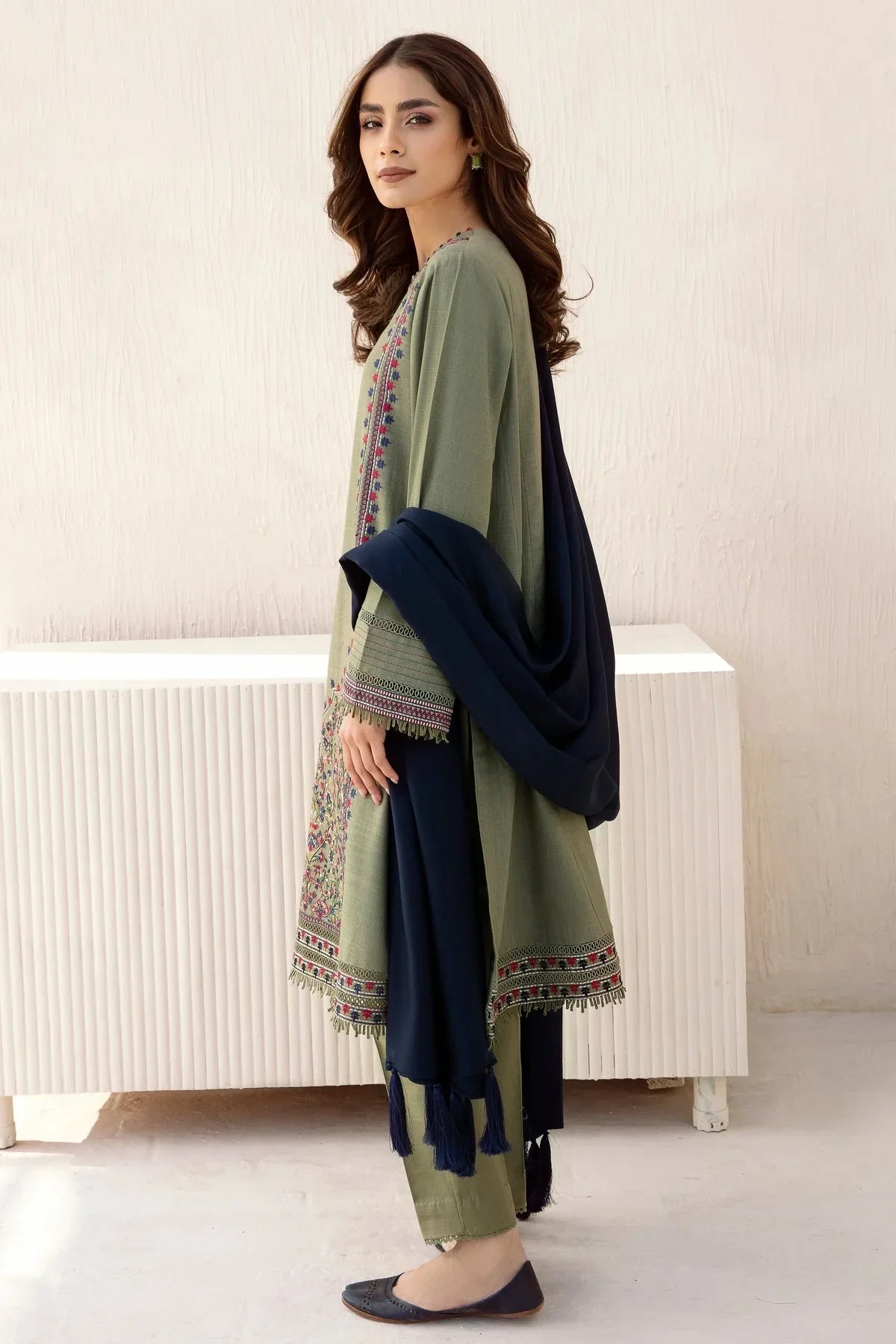 JAZMIN - 3PC DHANAK EMBROIDERED SHIRT WITH DHANAK SHAWL AND TROUSER-W.J-1287