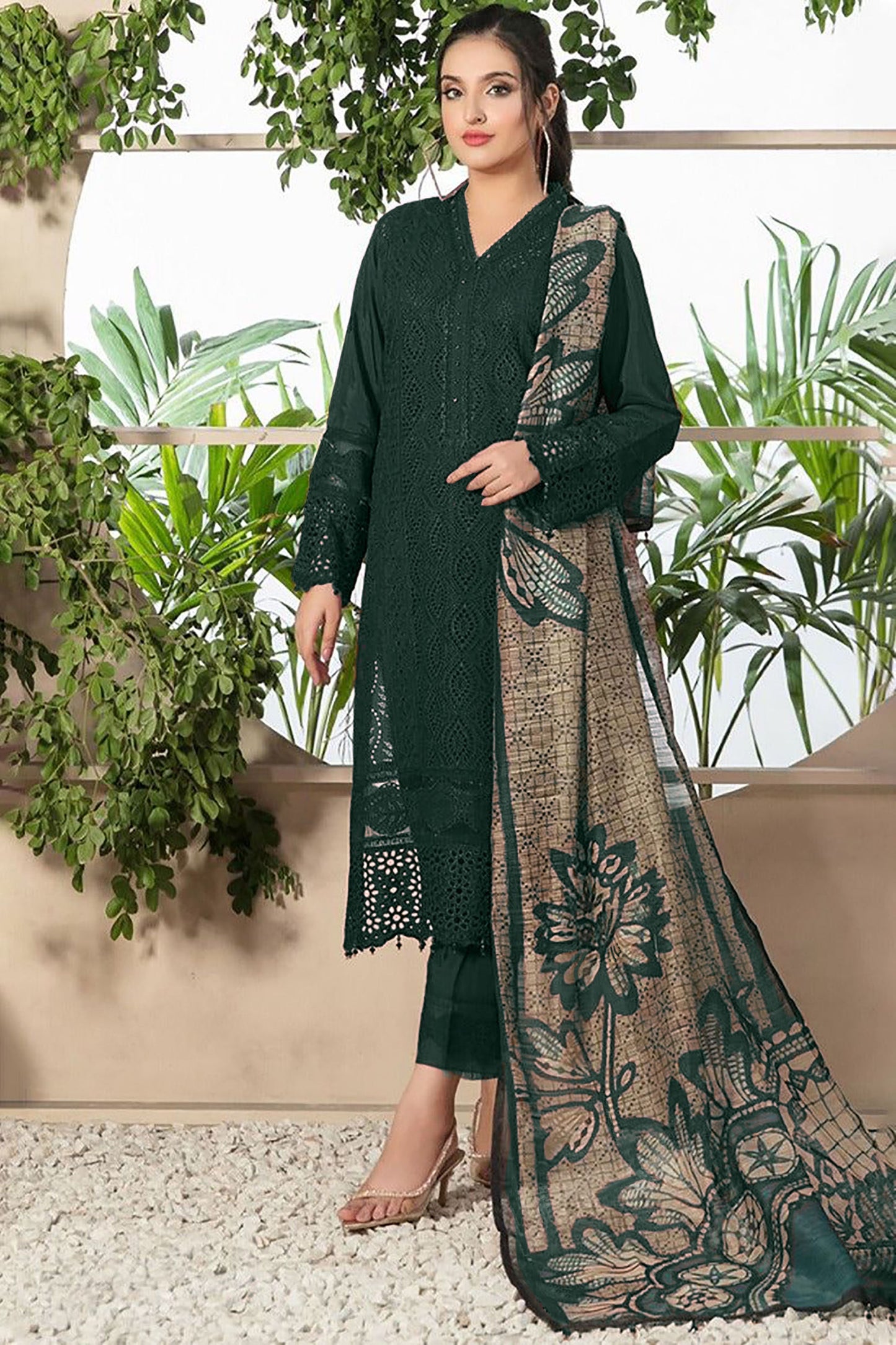 ZAINAB CHOTTANI-3PC CHIKANKAARI LAWN EMBROIDERED SHIRT WITH MONARK PRINT DUPATTA AND TROUSER-MUNGIYA-W.J-1607