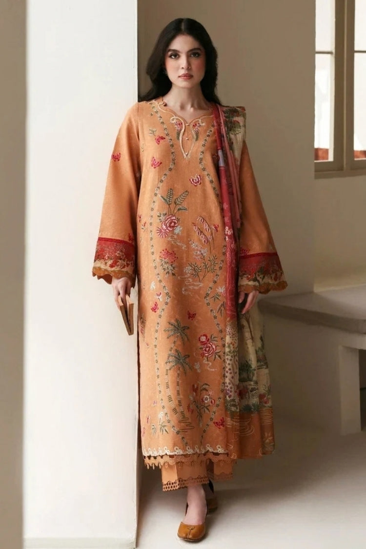 REPUBLIC WOMENSWEAR-3PC KARANDI EMBROIDERED SHIRT WITH COUTRAI PRINTED SHAWL AND TROUSER-W.J-5247