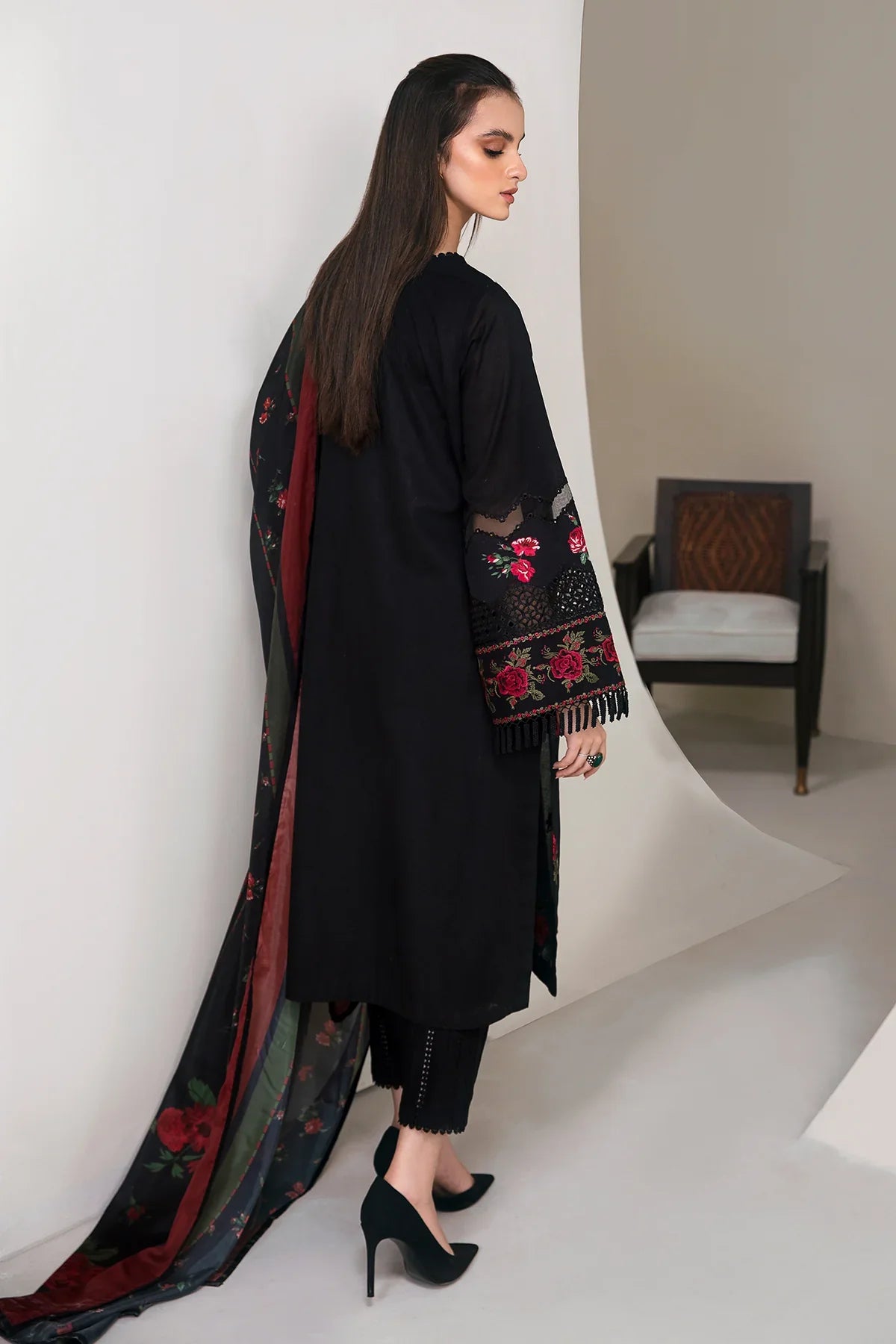 JAZMIN- 3PC DHANAK EMBROIDERED SHIRT WITH WOOL PRINT SHAWL AND TROUSER-W.J-1030