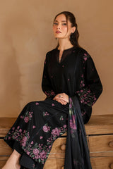 IZNIK-3PC DHANAK EMBROIDERED SHIRT WITH COUTRAI PRINTED SHAWL AND EMB TROUSER-W.J-5147