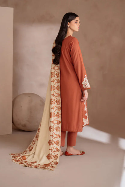 IZNIK-3PC DHANAK EMBROIDERED SHIRT WITH DHANAK EMBROIDERED SHAWL & TROUSER-W.J-1325