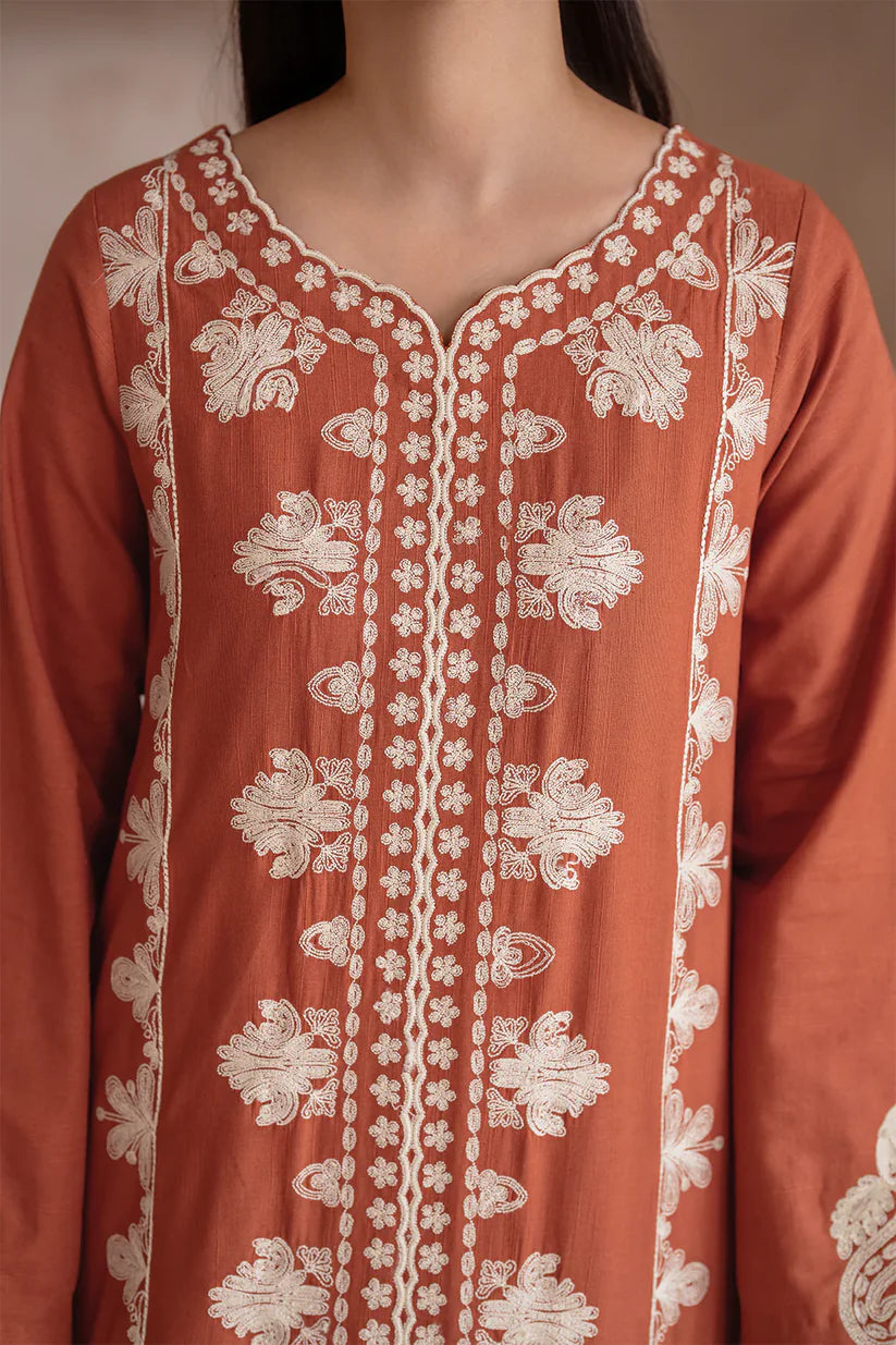 IZNIK-3PC DHANAK EMBROIDERED SHIRT WITH DHANAK EMBROIDERED SHAWL & TROUSER-W.J-1325