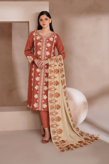 IZNIK-3PC DHANAK EMBROIDERED SHIRT WITH DHANAK EMBROIDERED SHAWL & TROUSER-W.J-1325