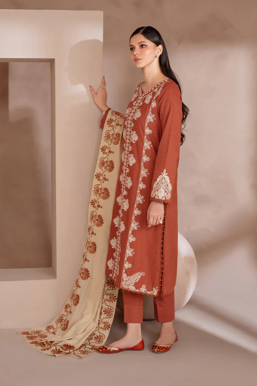 IZNIK-3PC DHANAK EMBROIDERED SHIRT WITH DHANAK EMBROIDERED SHAWL & TROUSER-W.J-1325