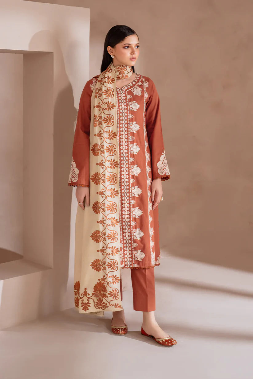 IZNIK-3PC DHANAK EMBROIDERED SHIRT WITH DHANAK EMBROIDERED SHAWL & TROUSER-W.J-1325