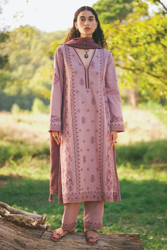 IMAGE-3PC DHANAK EMBROIDERED SHIRT WITH DHANAK EMBROIDERED SHAWL AND TROUSER-W.J-1783