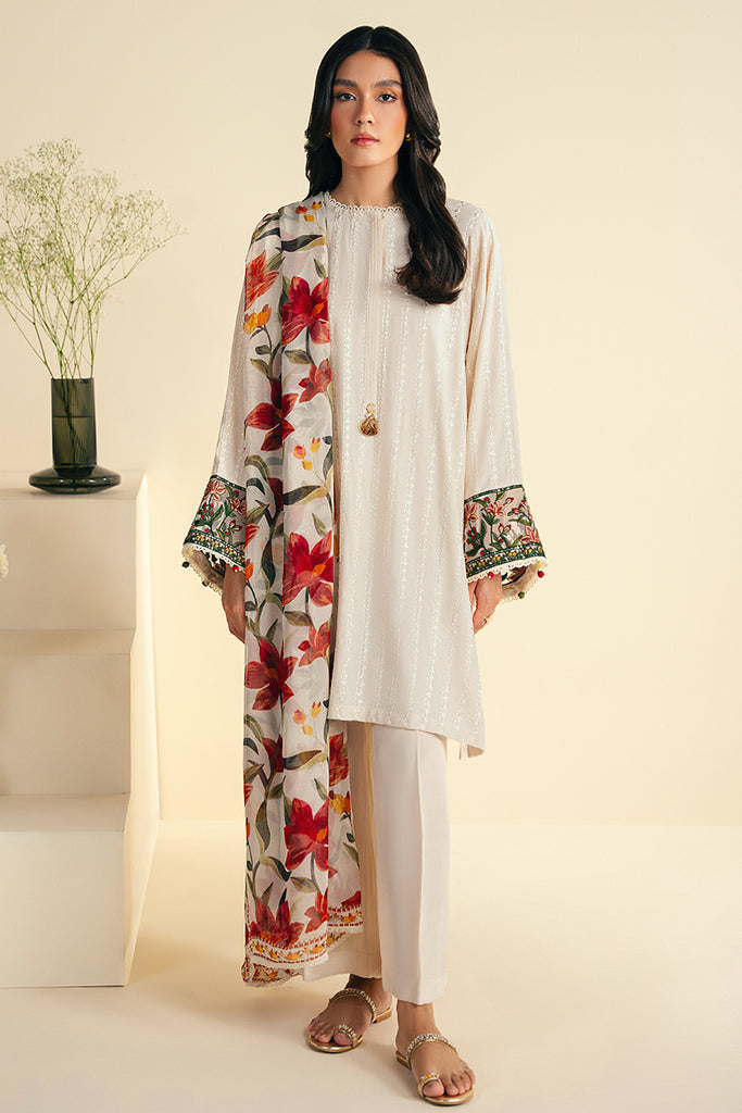 JAZMIN-3PC DHANAK EMBROIDRED SHIRT WITH WOOL PRINT SHAWL AND TROUSER-W.J-1005