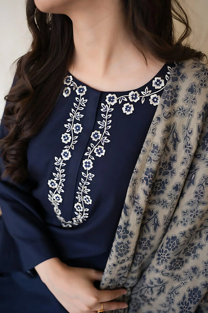 AISLING - 3PC DHANAK EMBROIDERED SHIRT WITH COTURE WOOL PRINTED SHAWL AND TROUSER -W.J-1284