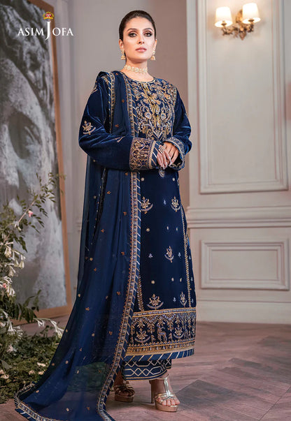 ASIM JOFA-3PC VELVET EMBROIDERED SHIRT WITH CHIFFON EMBROIDERED DUPATTA & TROUSER-W.J-2029