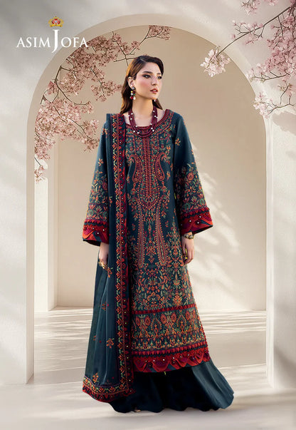 ASIM JOFA-3PC DHANAK EMBROIDERED SHIRT WITH DHANAK EMBROIDERED SHAWL AND TROUSER -WJ-1938
