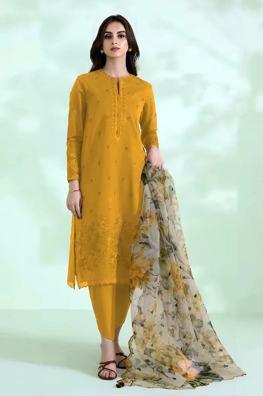 SAPPHIRE-3PC DHANAK EMBROIDERED SHIRT WITH COURTRAI PRINTED SHAWL AND TROUSER-W.J-1462