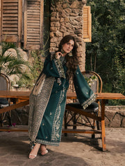 IZEL-3PC DHANAK EMBROIDERED SHIRT WITH COUTRAI PRINTED SHAWL AND TROUSER-W.J-5322