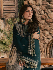 IZEL-3PC DHANAK EMBROIDERED SHIRT WITH COUTRAI PRINTED SHAWL AND TROUSER-W.J-5322