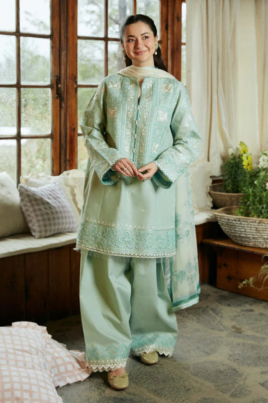 ZARA SHAHJAHAN-3PC DHANAK EMBROIDERED SHIRT WITH CORTRAI WOOL PRINTED SHAWL AND EMB TROUSER -W.J-1789