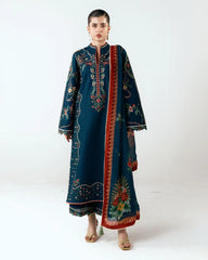 HUSSAIN REHAR-3PC DHANAK EMBROIDERED SHIRT WITH COUTRAI PRINTED SHAWL AND EMB TROUSER-W.J-5172