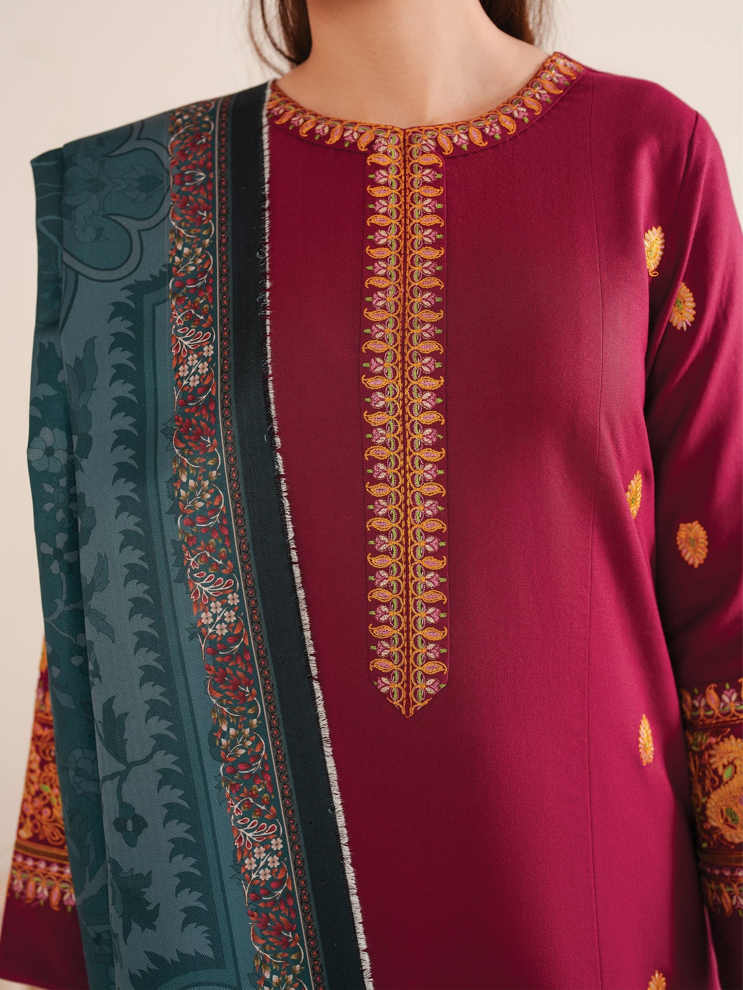 GARNET-3PC LAWN EMBROIDERED SHIRT WITH MONARK PRINT DUPATTA AND TROUSER-W.J-1553