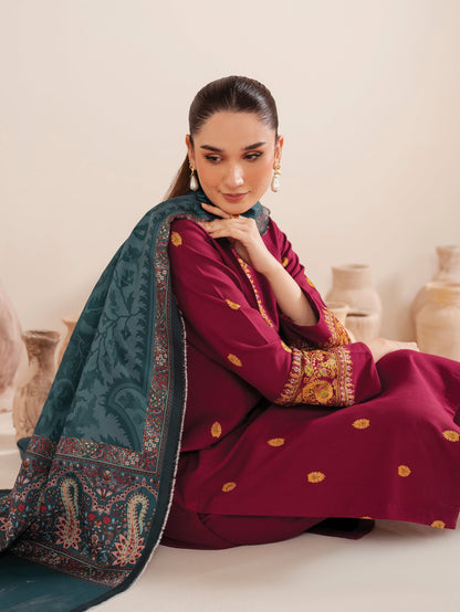 GARNET-3PC LAWN EMBROIDERED SHIRT WITH MONARK PRINT DUPATTA AND TROUSER-W.J-1553