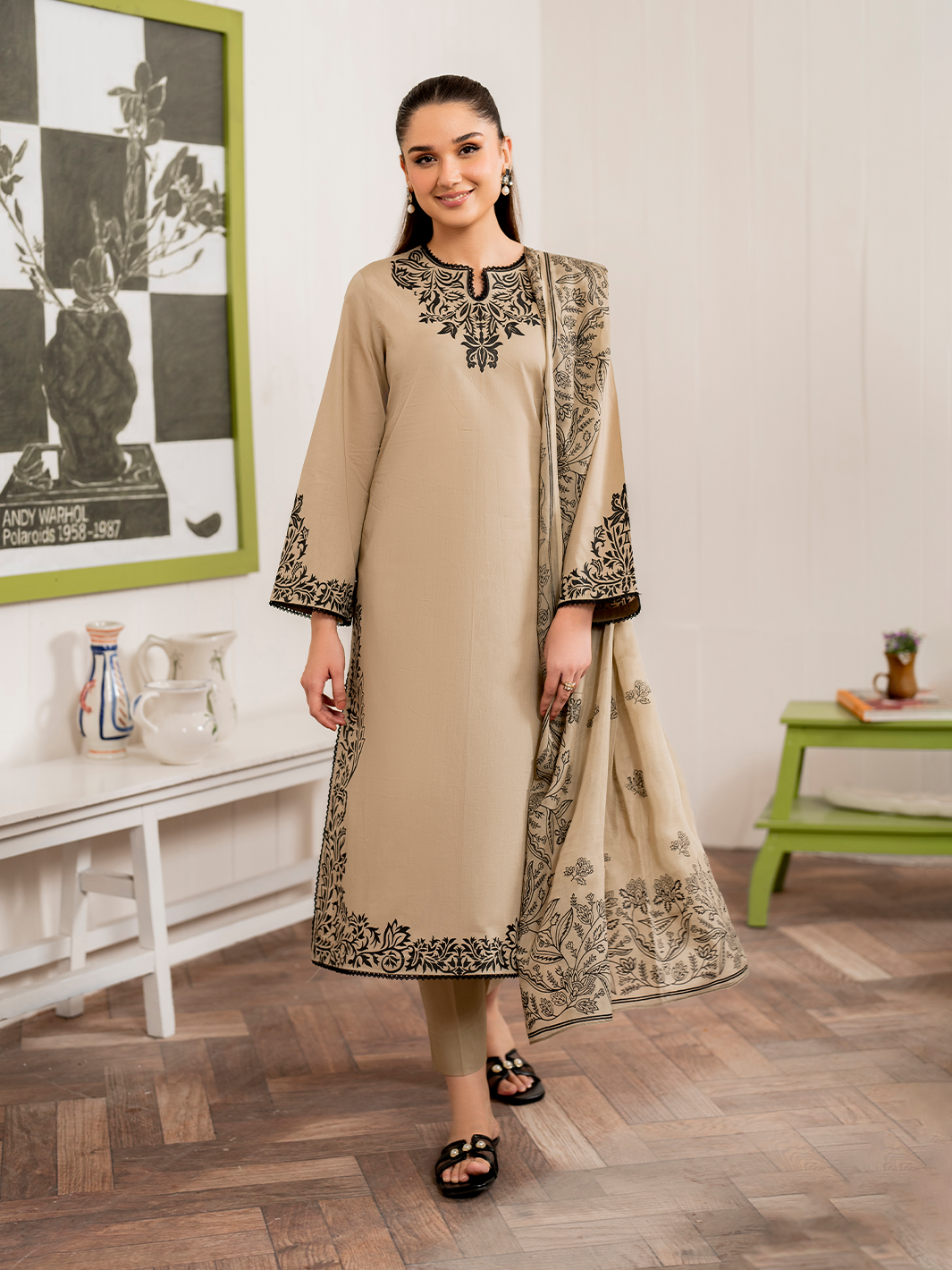 GARNET-3PC DHANAK EMBROIDERED SHIRT WITH COUTURE PRINT SHAWL AND TROUSER-W.J-1019
