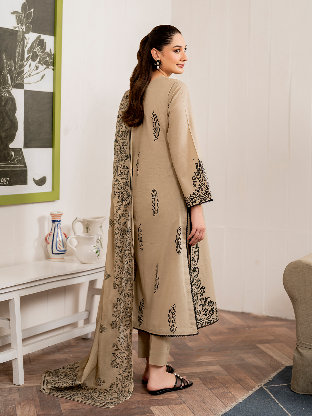 GARNET-3PC DHANAK EMBROIDERED SHIRT WITH COUTURE PRINT SHAWL AND TROUSER-W.J-1019