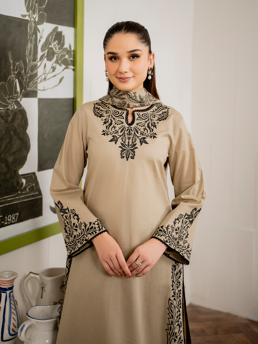 GARNET-3PC DHANAK EMBROIDERED SHIRT WITH COUTURE PRINT SHAWL AND TROUSER-W.J-1019