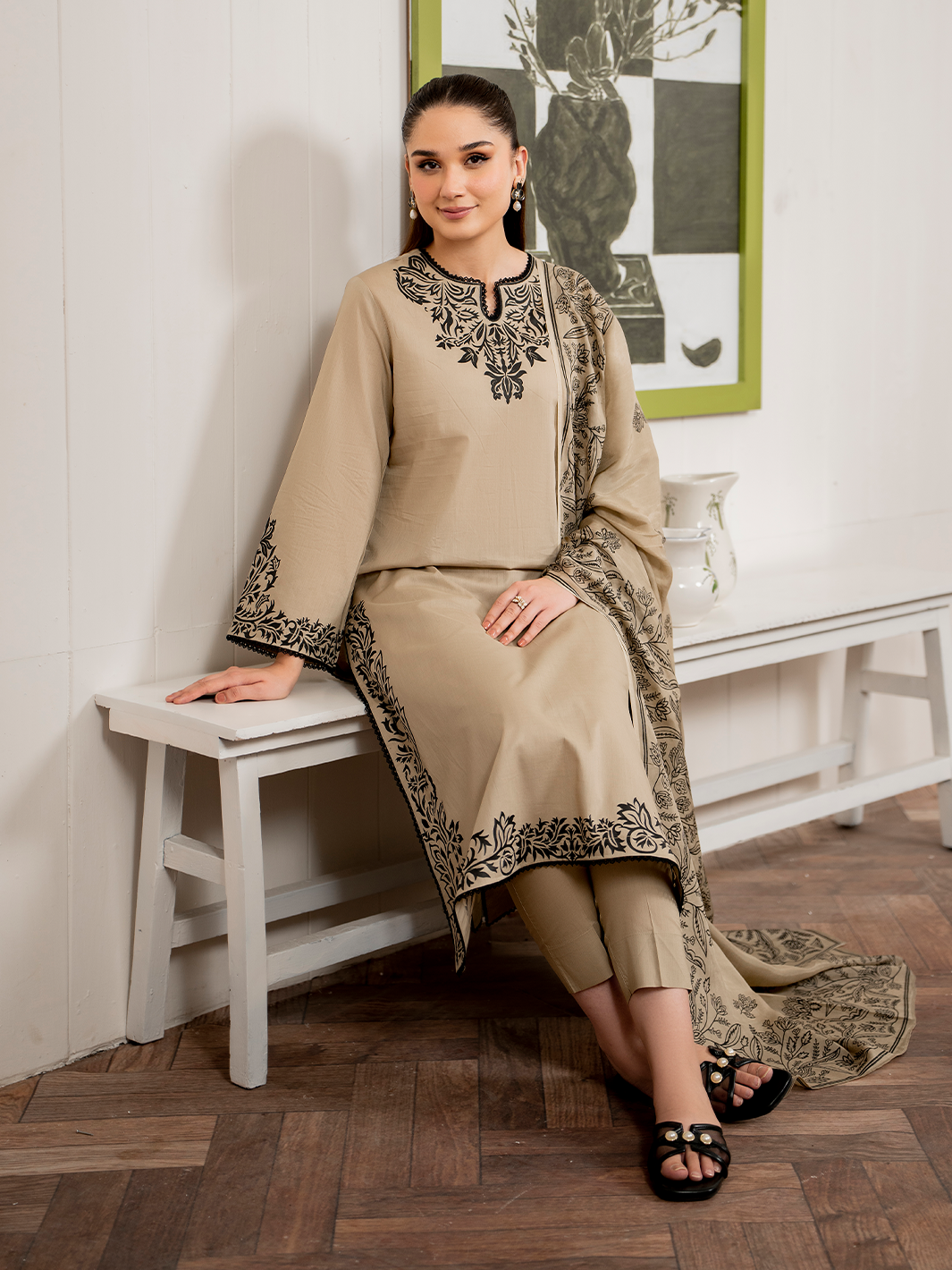 GARNET-3PC DHANAK EMBROIDERED SHIRT WITH COUTURE PRINT SHAWL AND TROUSER-W.J-1019