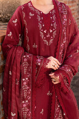 GARNET-3PC DHANAK EMBROIDERED SHIRT WITH DHANAK EMBROIDERED SHAWL & TROUSER-W.J-4670
