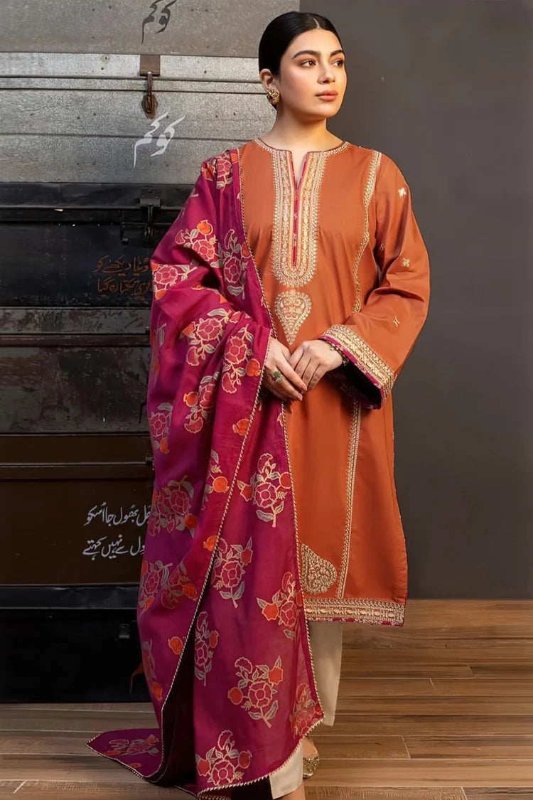 ZARASHAHJAHAN-3PC DHANAK EMBROIDERED SHIRT WITH WOOL PRINTED SHAWL AND TROUSER-W.J-4121