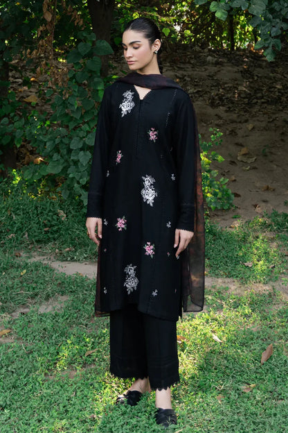 ZIVA - 3PC DHANAK EMBROIDERED SHIRT WITH TWILL PRINTED SHAWL & TROUSER-W.J-1791