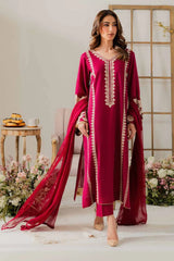 VINTAGE-3PC DHANAK EMBROIDERED SHIRT WITH DHANAK SHAWL AND TROUSER-W.J-4290