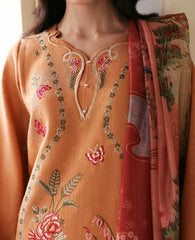 REPUBLIC WOMENSWEAR-3PC KARANDI EMBROIDERED SHIRT WITH COUTRAI PRINTED SHAWL AND TROUSER-W.J-5247