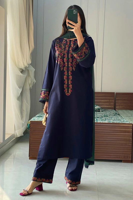 WearJora-3PC DHANAK EMBROIDERED SHIRT WITH BAMBER CHIFFON DUPATTA AND EMB TROUSER-W.J-1802