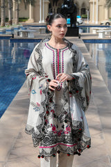 WEARJORA-3PC KARANDI PRINTED EMBROIDERED SHIRT WITH KARANDI PRINTED EMB SHAWL & PRINTED TROUSER-W.J-0125
