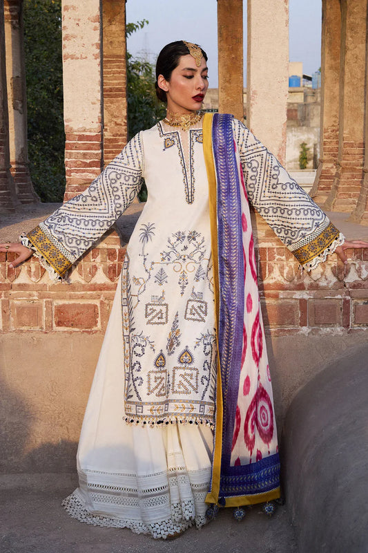 HUSSAIN REHAR--3PC KHADDAR HEAVY EMBROIDERED SHIRT WITH COURTRAI WOOL PRINT SHAWL AND TROUSER-W.J-1830