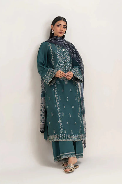 BEECHTREE-3PC DHANAK EMBROIDERED SHIRT WITH COURTRAI PRINTED SHAWL AND EMB TROUSER-W.J-1987