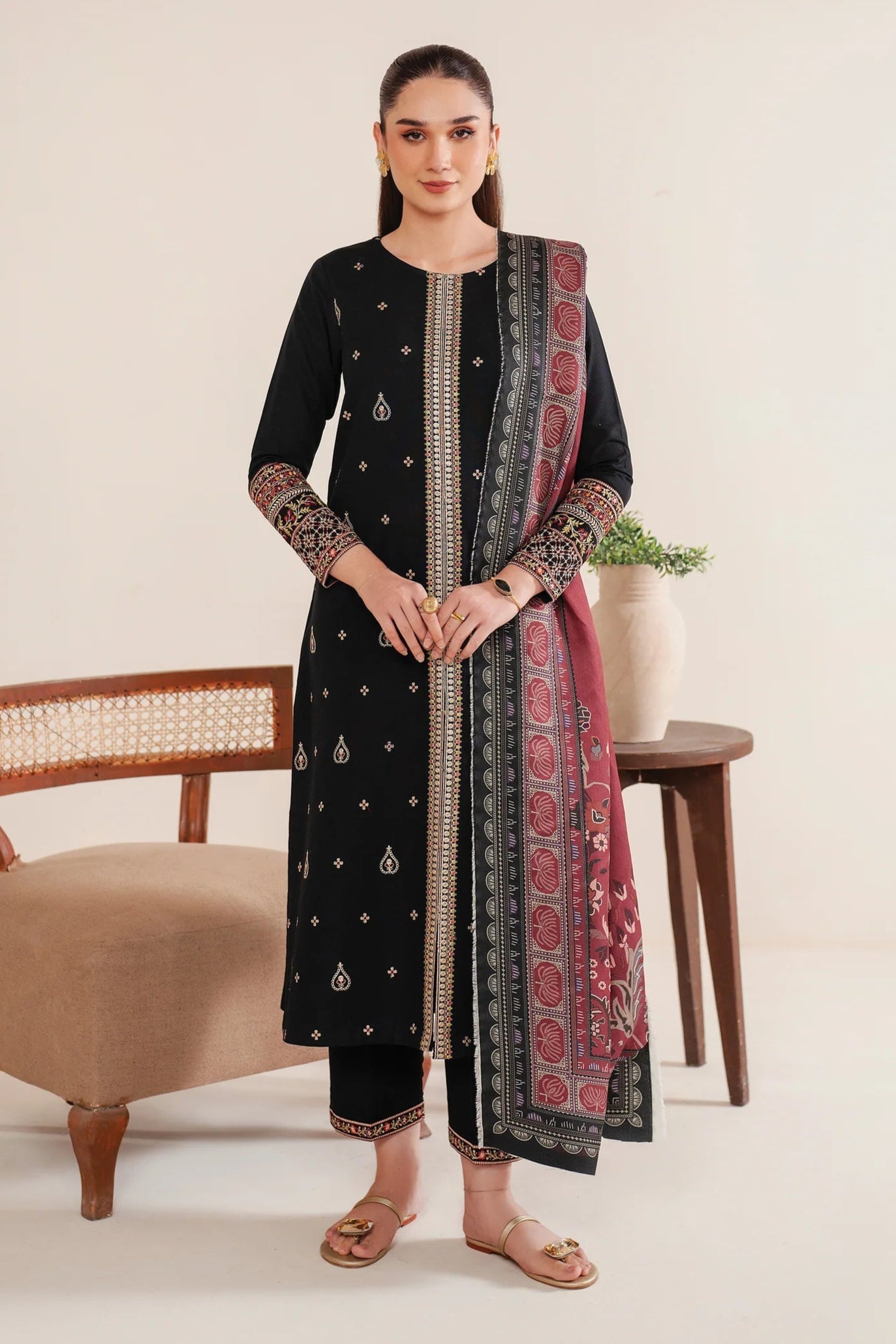 GARNET-3PC LAWN EMBROIDERED SHIRT WITH MONARK PRINT DUPATTA AND EMB TROUSER-W.J-1613