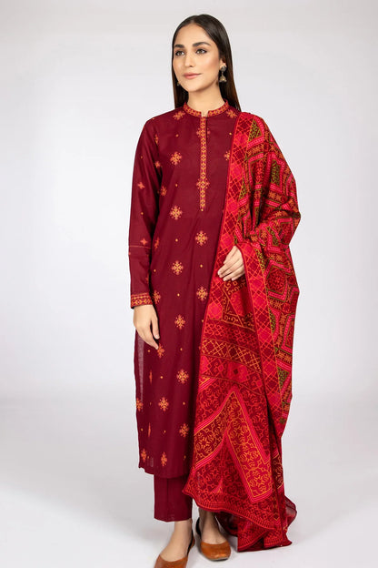 KAYSERIA- 3PC DHANAK EMBROIDERED WITH COUTURE WOOL PRINT SHAWL-W.J-1124