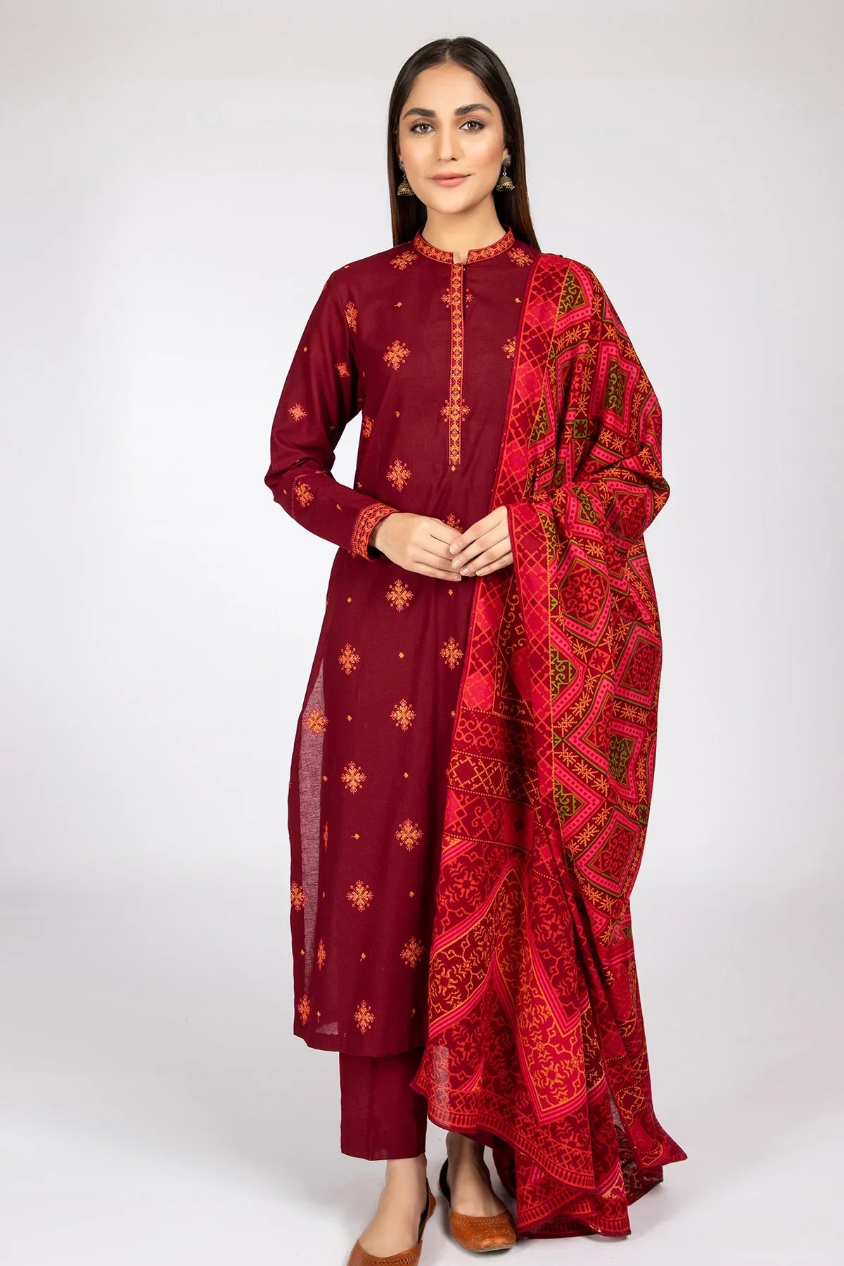 KAYSERIA- 3PC DHANAK EMBROIDERED WITH COUTURE WOOL PRINT SHAWL-W.J-1124