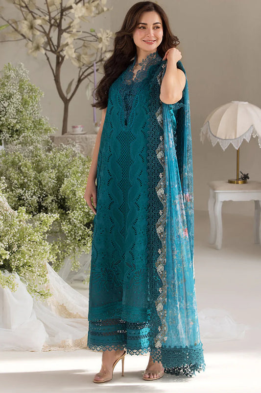 SOBIA NAZIR-3PC DHANAK CHIKAN EMBROIDERED SHIRT WITH COURTRAI PRINTED SHAWL AND TROUSER W.J-1659