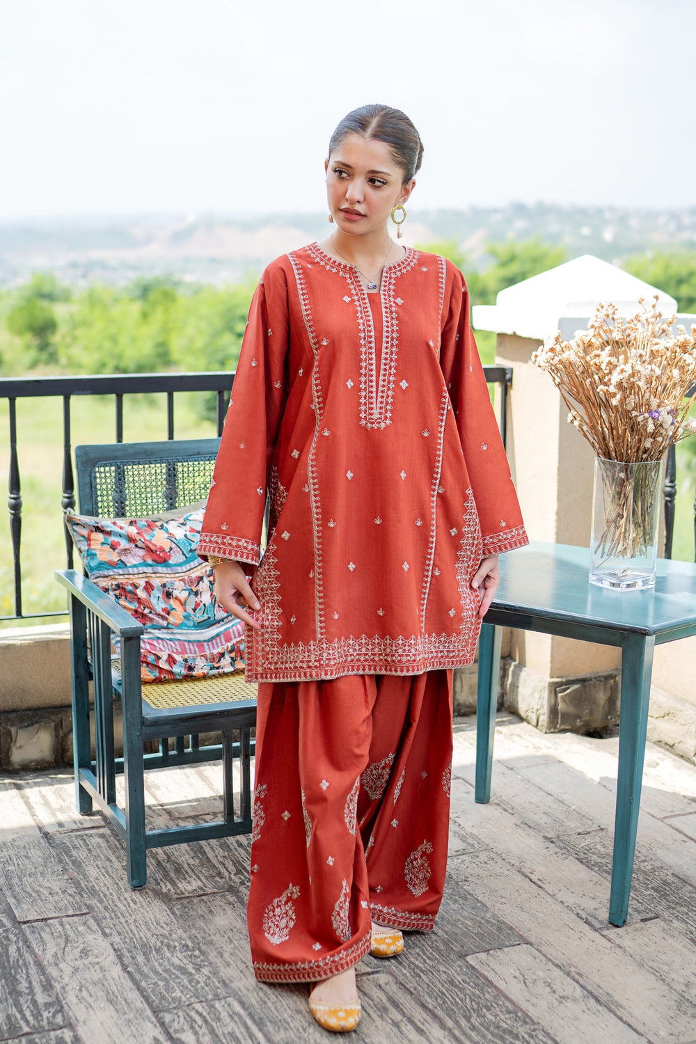 URGE-2PIECE DHANAK EMBROIDERED SHIRT WITH DHANAK EMB TROUSER-WJ-15020