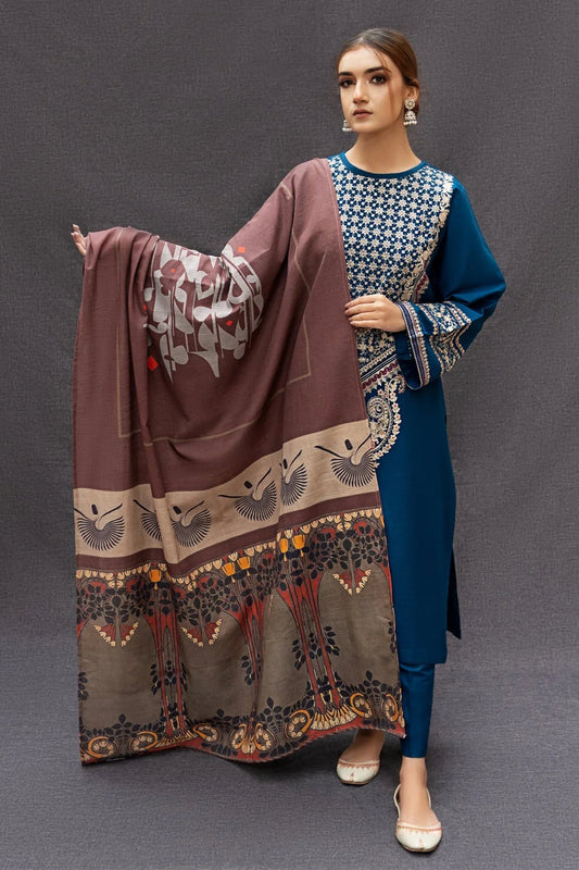 URGE - 3PC DHANAK EMBROIDERED SHIRT WITH COUTURE WOOL PRINTED SHAWL AND TROUSER-W.J-1186