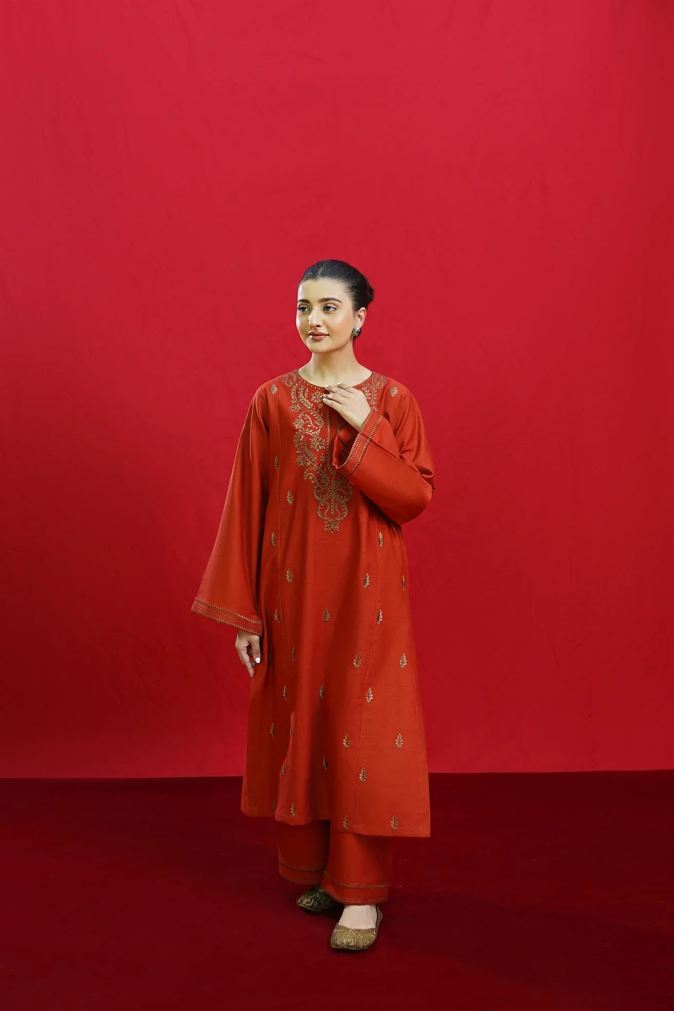 URGE-3PC DHANAK EMBROIDERED SHIRT WITH COUTURE PRINTED SHAWL & EMB TROUSER-W.J-1198
