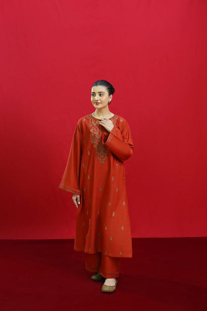 URGE-3PC DHANAK EMBROIDERED SHIRT WITH COUTURE PRINTED SHAWL & EMB TROUSER-W.J-1198