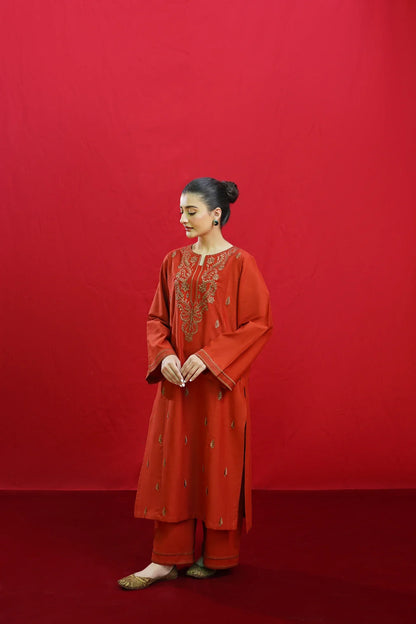 URGE-3PC DHANAK EMBROIDERED SHIRT WITH COUTURE PRINTED SHAWL & EMB TROUSER-W.J-1198