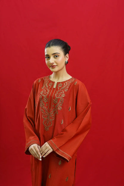 URGE-3PC DHANAK EMBROIDERED SHIRT WITH COUTURE PRINTED SHAWL & EMB TROUSER-W.J-1198
